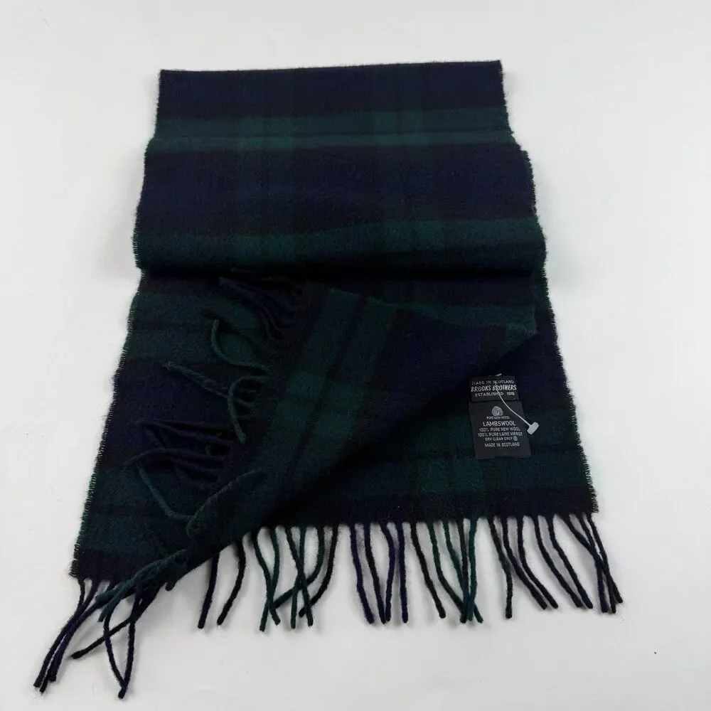 Brooks Brothers Black Watch Lambswool Scarf Blue Green Tartan Fringe 54 x 12